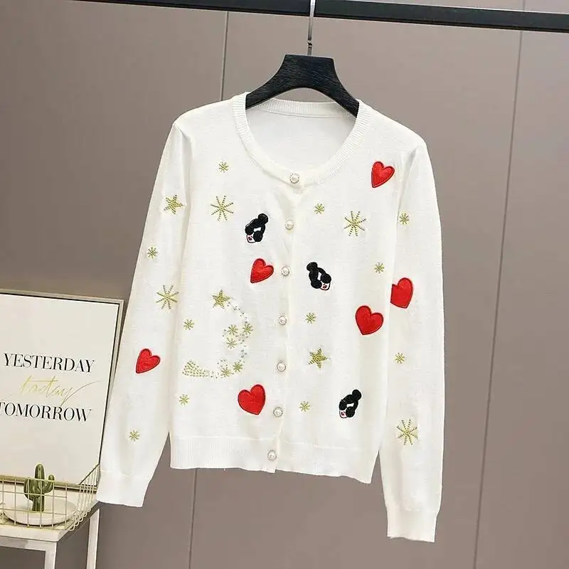 Women Sweater Autumn New Long Sleeve Femme Knitwear Mujer Cardigan Leisure Jacket Bee Flower Embroidery Top Jumpers