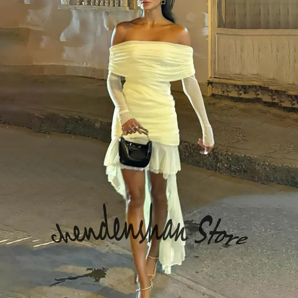 

Элегантное желтое шифоновое женское вечернее платье с открытыми плечами и асимметричным подолом, платье для выпускного вечера, сетчатое облегающее платье с длинными рукавами для ужина