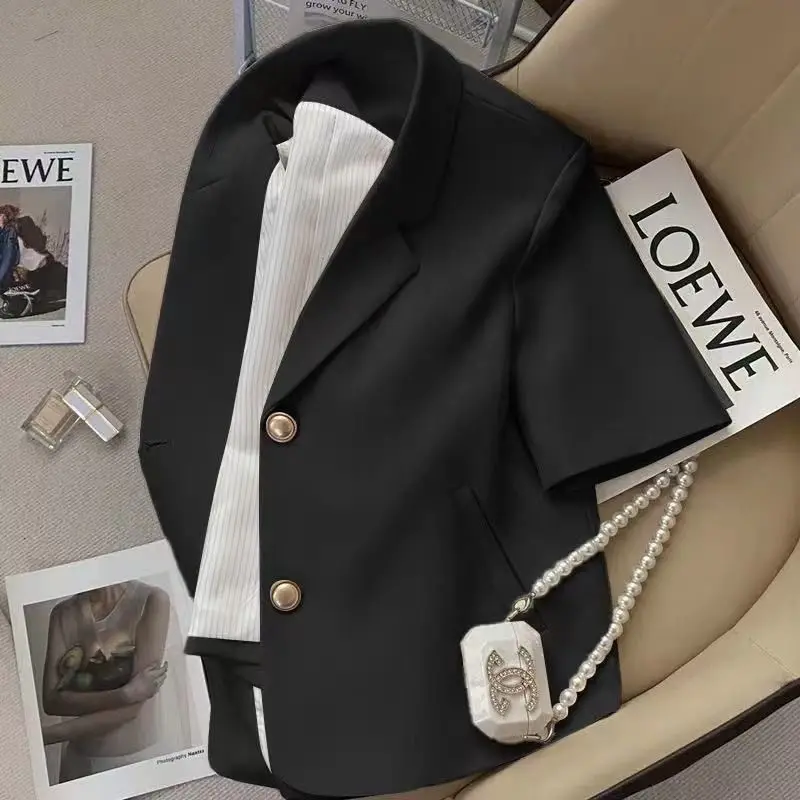 Off-White Women's Short-Sleeve Blazer Summer New Crop Jacket Single-breasted Tops Office Ladies Suit Coat Lapel Design Clothing