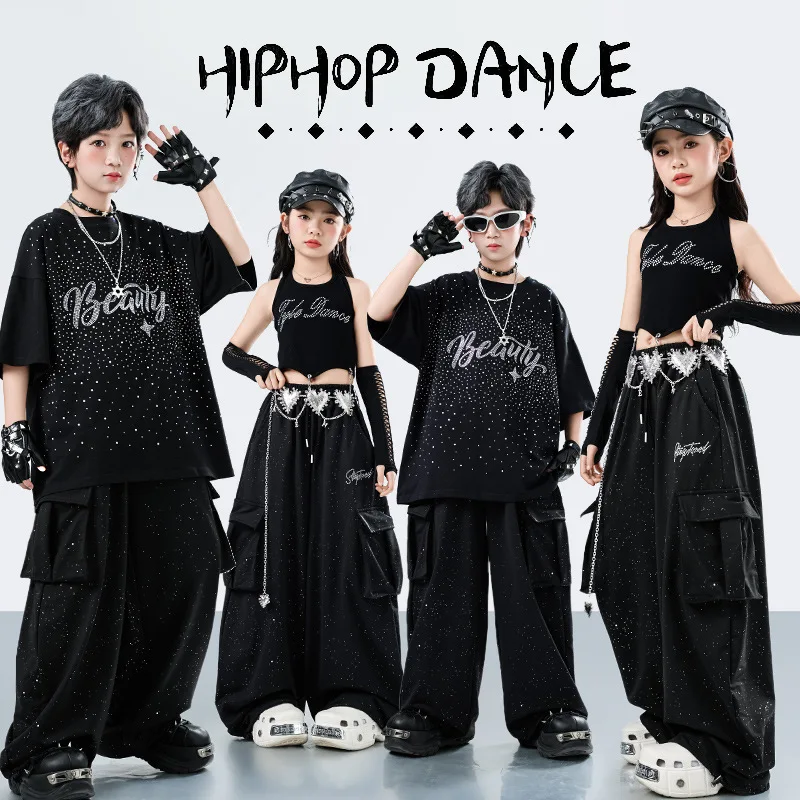 Children Boys Gilrs Hip Hop Jazz Streetwear Rhinestone T-shirt Pant Sets Costume Kids Tracksuits Stage Show Performance Clothes