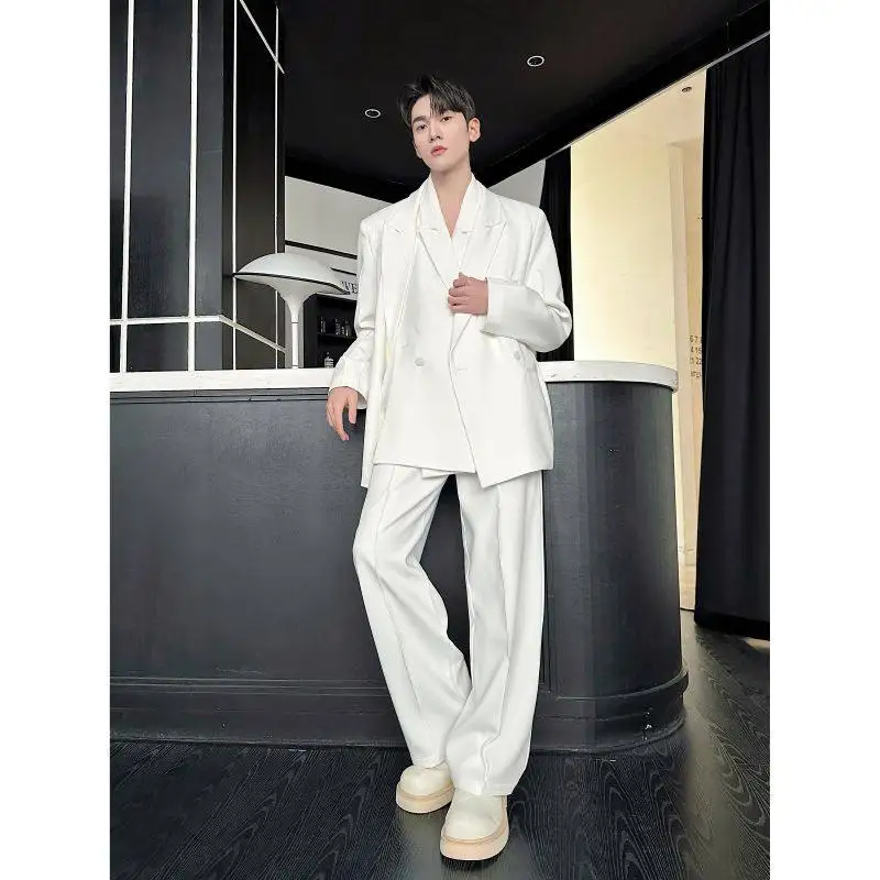 

Spring Casual Men's Suit Set Double Breasted oulder Pad Straight Leg Pants Trendy Design Four Season Universal Flat Collar