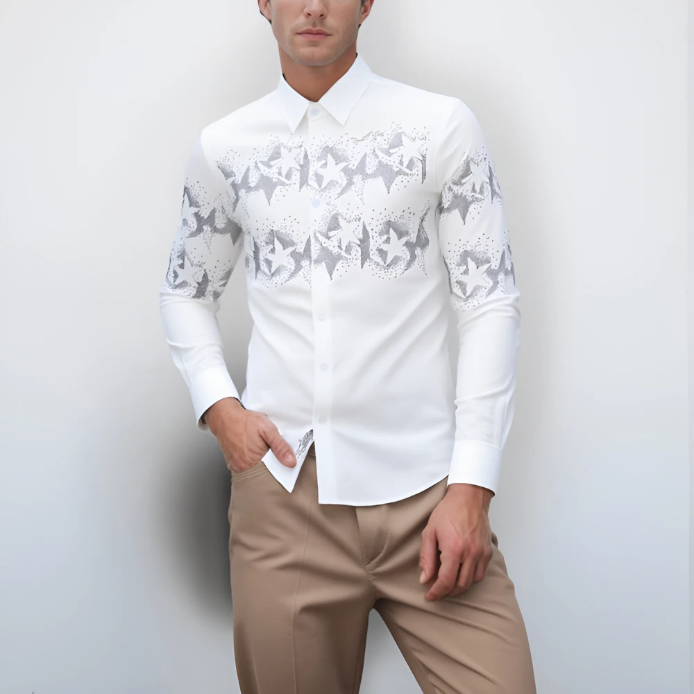 

2025 Autumn Star Rhinestone Long Sleeved Shirt for Men Luxury Casual Business Shirt Versatile Stage Performance Costumes M-5XL