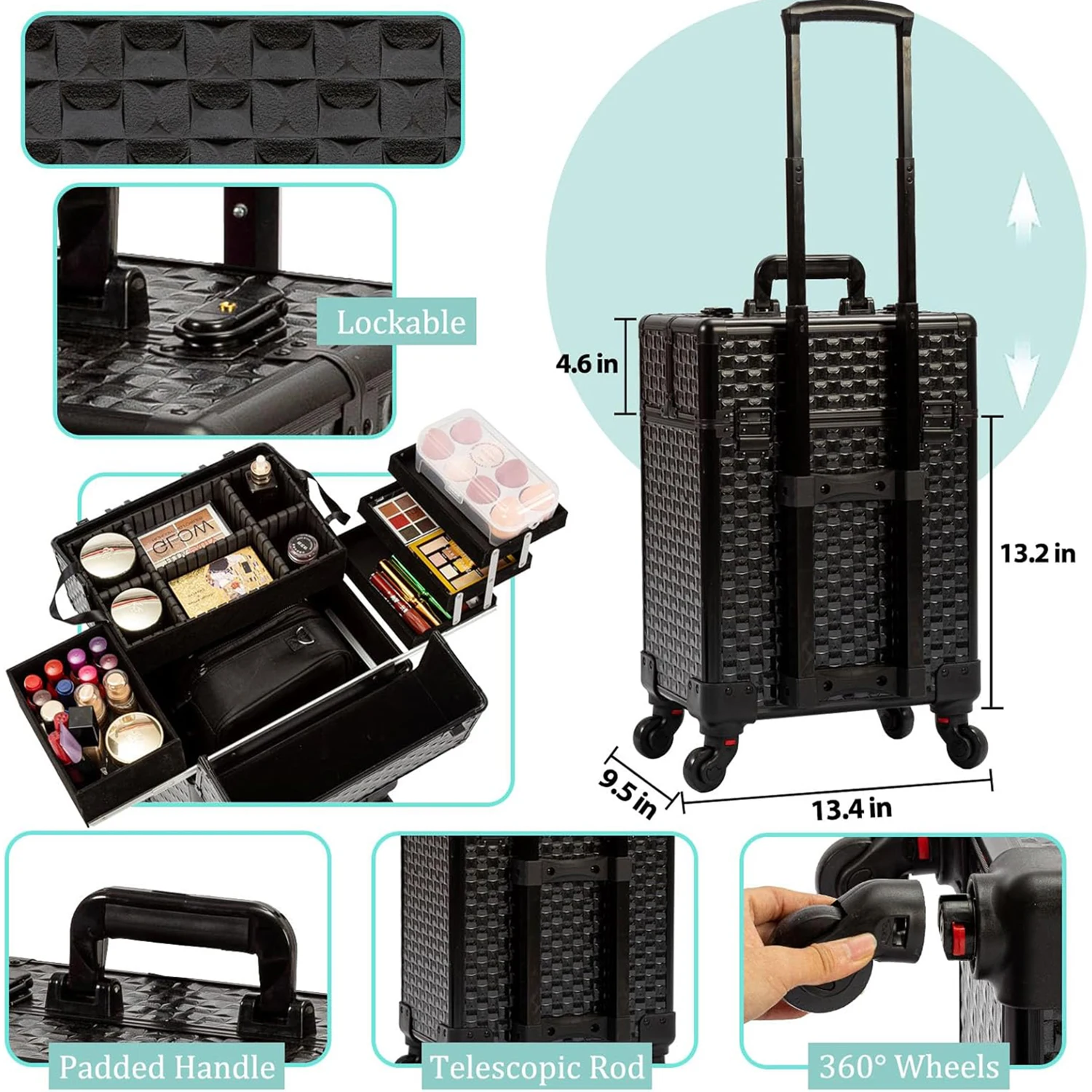 حقيبة عربة المكياج المتداول الأمتعة ماكياج الأدوات تخزين حقيبة التجميل حقيبة قطار السفر على عجلة مسمار الوشم صندوق عربة #4