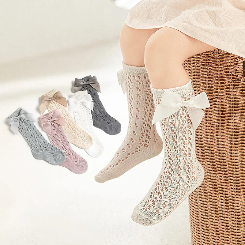

Princess Kids Bow Stockings Mosquito Proof Summer Mesh Long Socks Soild Color Baby Calf Sock 0-3Year Children Girls Footwear
