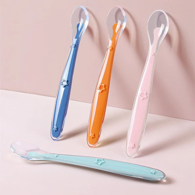 1PC Baby Feeding Spoon Soft Silicone Learning Spoon Kids Training Baby Spoon Temperature Sensing Feeder Tableware