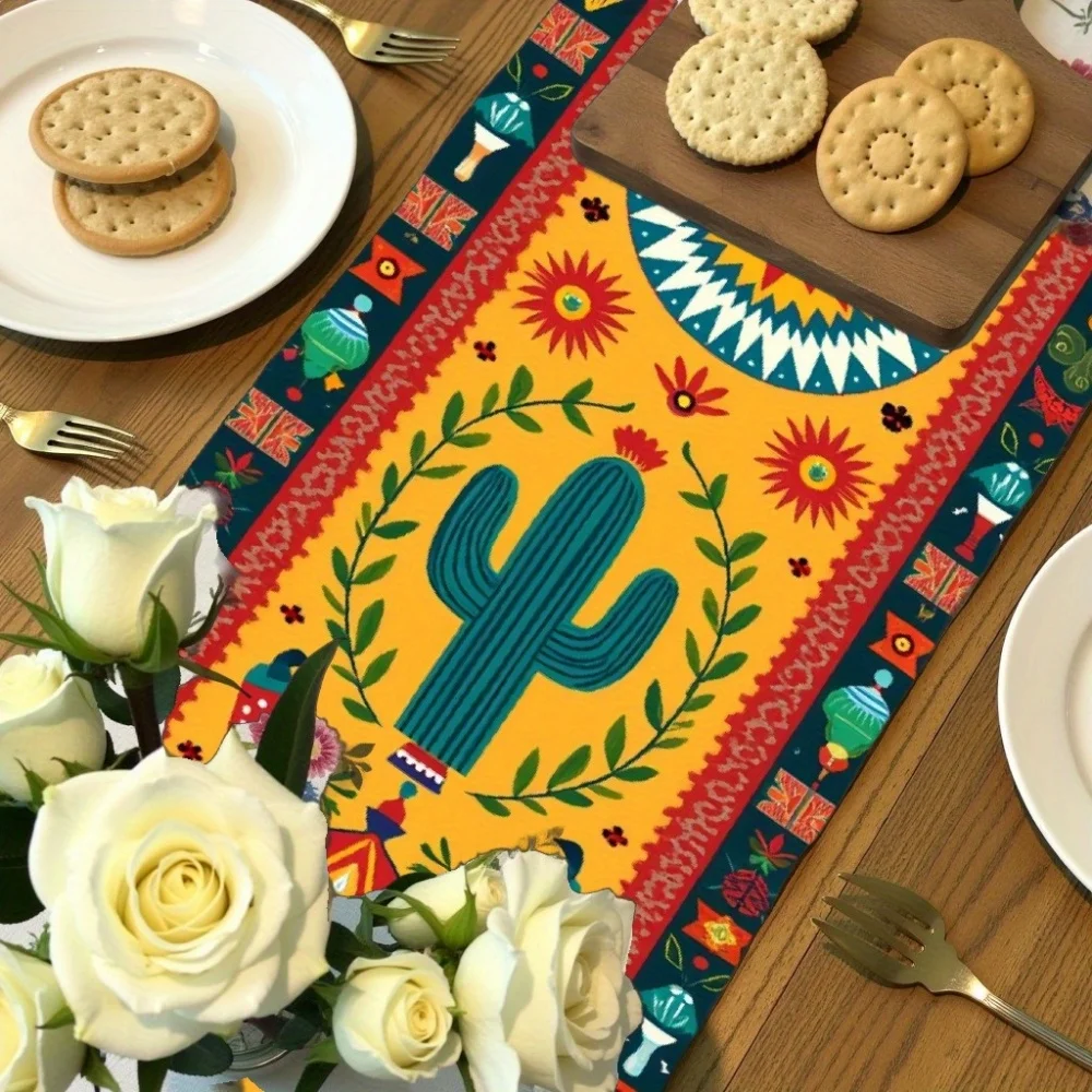 1pc Festive Table Runner, Rectangular Woven Cactus and Floral Design, Perfect for Mexican Party Kitchen and Coffee Table Decor