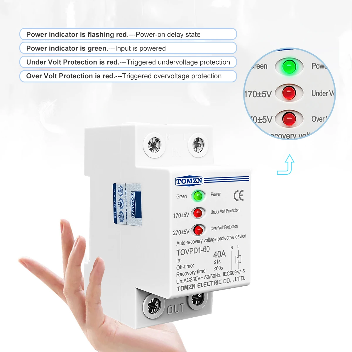 TOMZN Din السكك الحديدية 230VAC 40A 3LED مؤشر منفصل إعادة الاتصال التلقائي أكثر/تحت الجهد جهاز حماية حامي حماية التتابع #3
