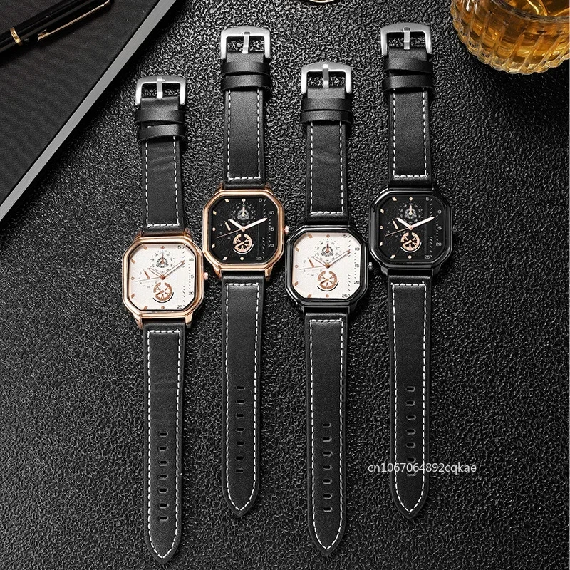 Luxury Alloy Men Quartz Watches Leather Strap Big Dial Student Square Sports Watch Cool Black Men\'s Watch Waterproof Wristwatch