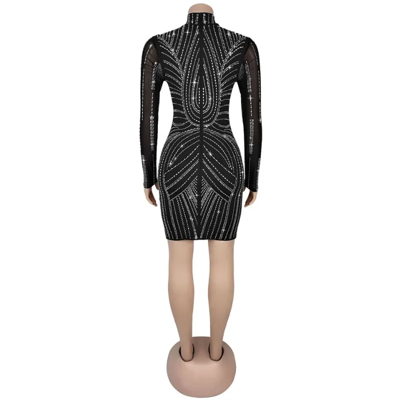 Sukienka mini bodycon z siateczki z naszywkami z diamentów, seksowna sukienka imprezowa damska z golfem, długim rękawem, obcisła, klubowa, modna, na urodziny.