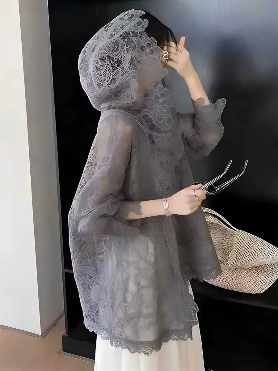 

Romantic Grey Lace Hook Flower Women's Sun Protection Shirt Micro Translucent Design Slimming Hooded Top Summer French Style ...