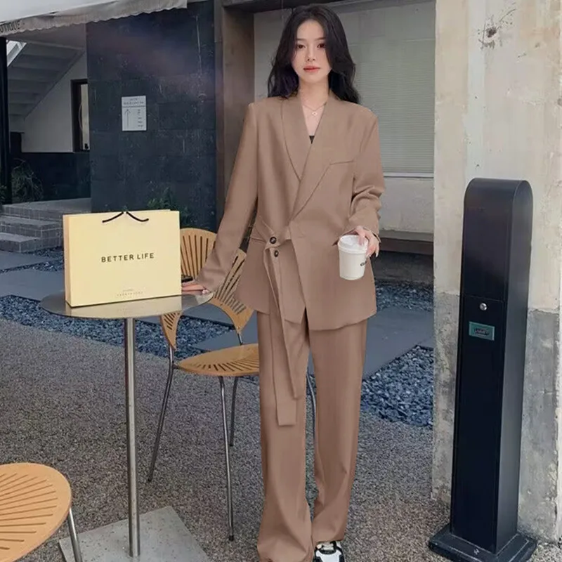 pant suits Women 2 Piece Sets Solid Lapel Blazer Jacket Lace Up Work Wide Leg Long Pants Outerwear Elegant Loose Autumn Winter