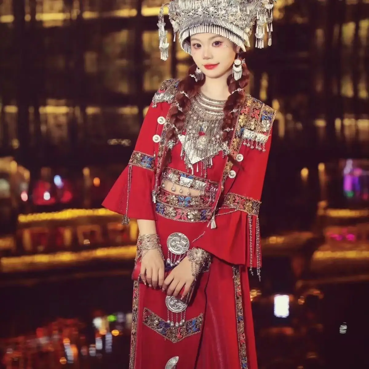 Festive Red Hmong Costume Women's Traditional Chinese Clothes Ethnic Minority Tujia Clothing Stage Performance Suits Female