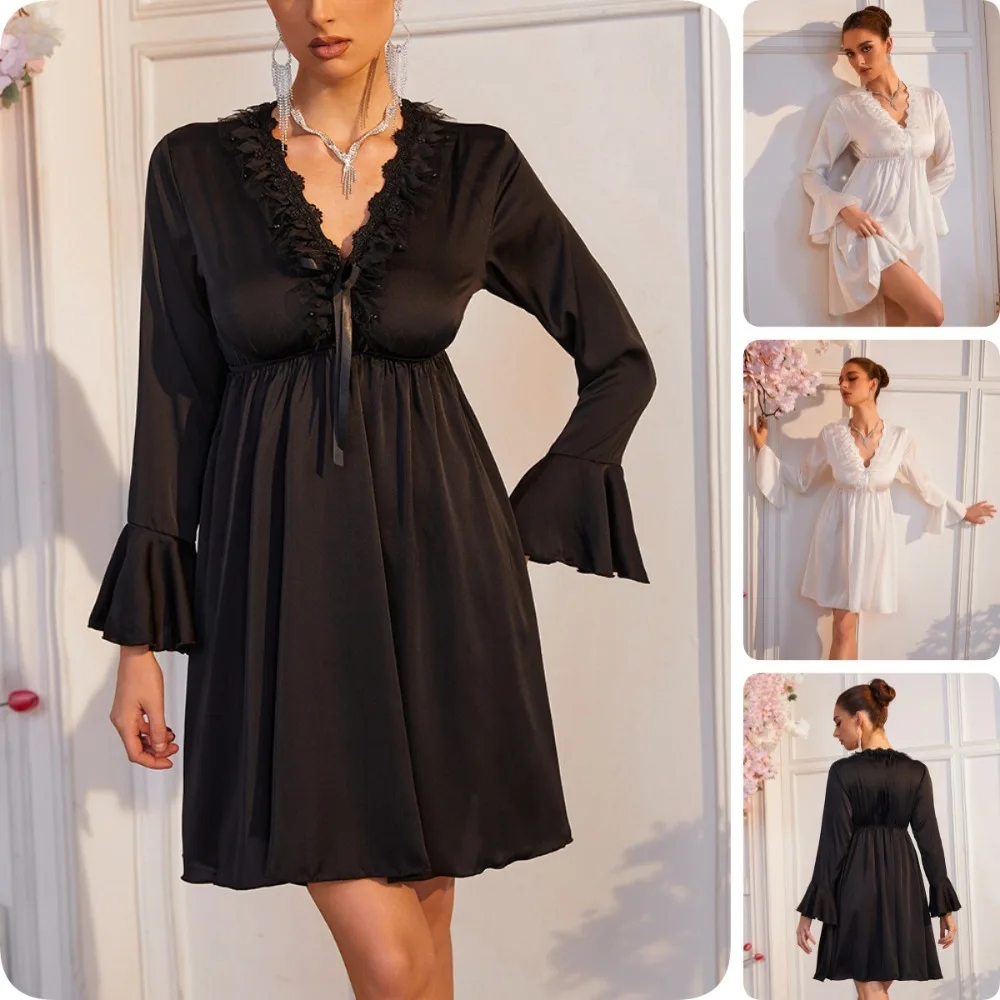 Satin Black Lace V-Neck Sleep Dress Bowknot Flare Long Sleeve Nightgown Drawstring Waist Loose Short Pajama for Women Home