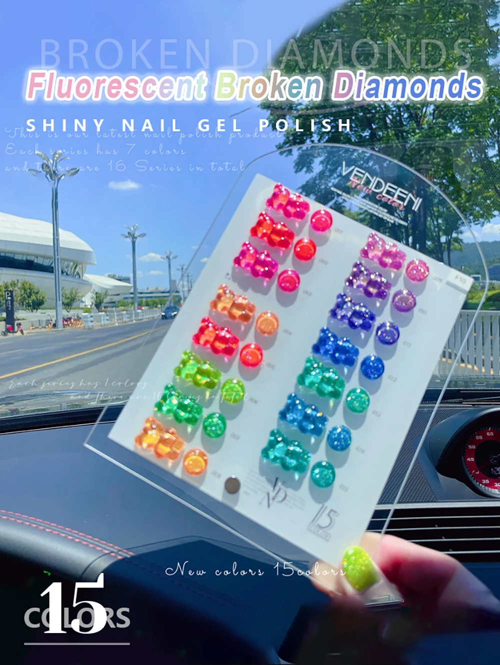 Vendeeni 15 Farben/Set Glitzer-Broken-Diamond-Gel-Nagellack, semi-permanenter UV-LED-Soak-Off-Gel-Lack mit Display – Detail 1