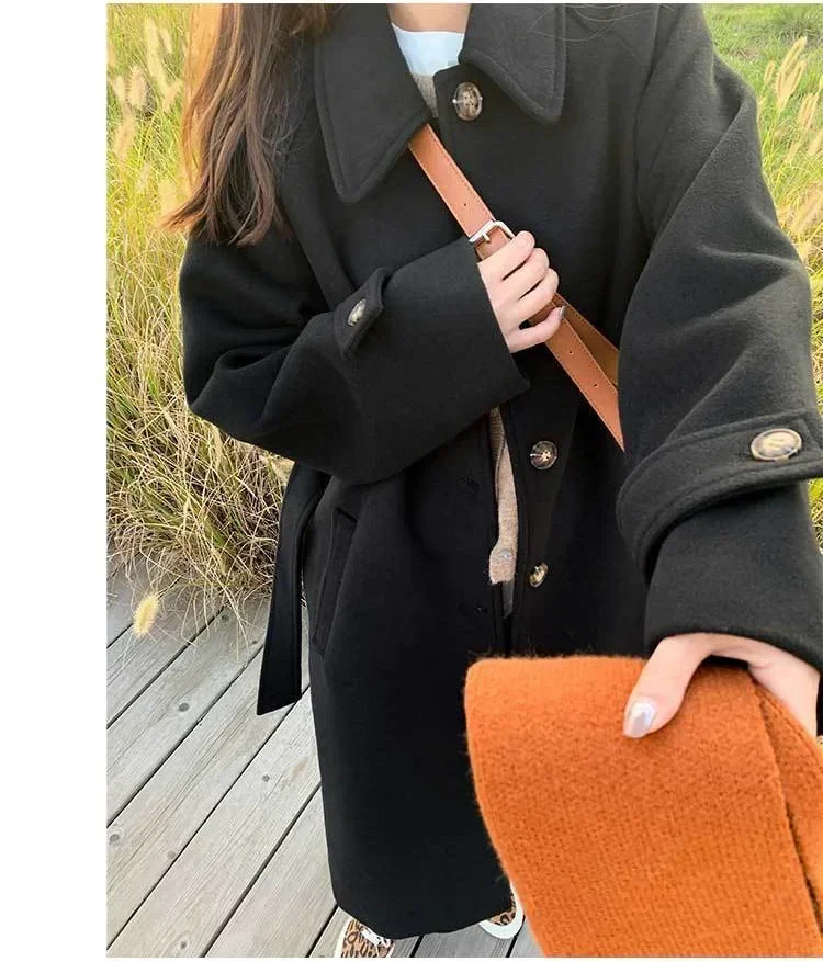 

Wool Coats for Women 2023 Fall Winter New Korean Long Sleeve Turn Down Collar Coats Loose Button Up Long Thicken Jacket