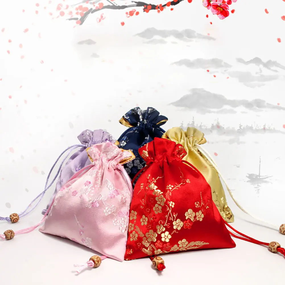 5Pcs -Thread Plum Blossom Brocade Jewelry Pouches Jewelry Storage Bags Gift Bags Coin Purse Candy Snack