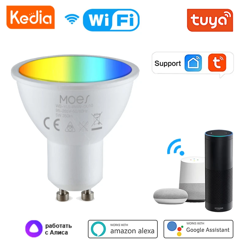 

Tuya WiFi Smart LED GU10 Light Bulbs RGBW C+W 5W Dimmable Lamp Bulbs Smart Home Via Alexa Google Home Yandex Alice Smart Life