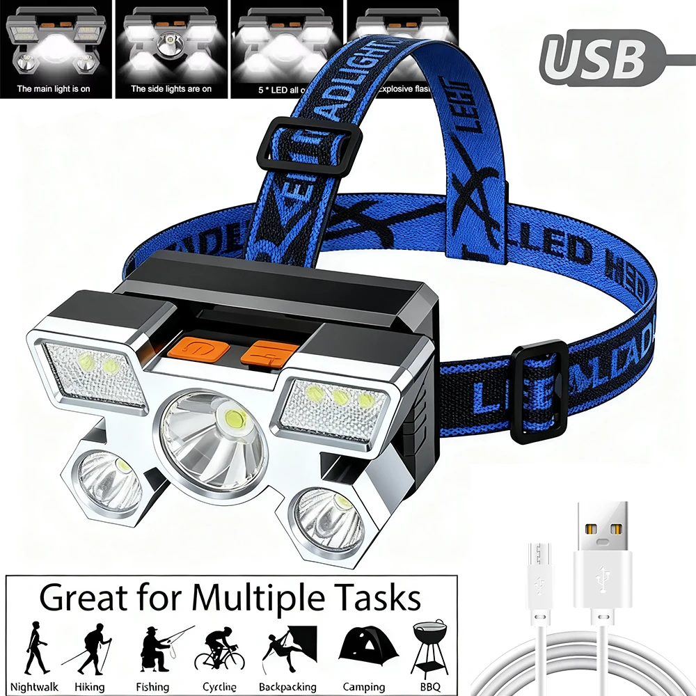 5 LED High Power Headlamp Portable Rechargeable HeadLight Built-in Battery Flashlight Outdoor Working Light for Fishing Camping