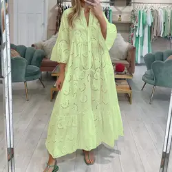 French V-Neck Bell Sleeve Lace Hollow Solid Color Sexy Long Dress for Women 2023 New Summer Fashion New Women's Elegant Dresses