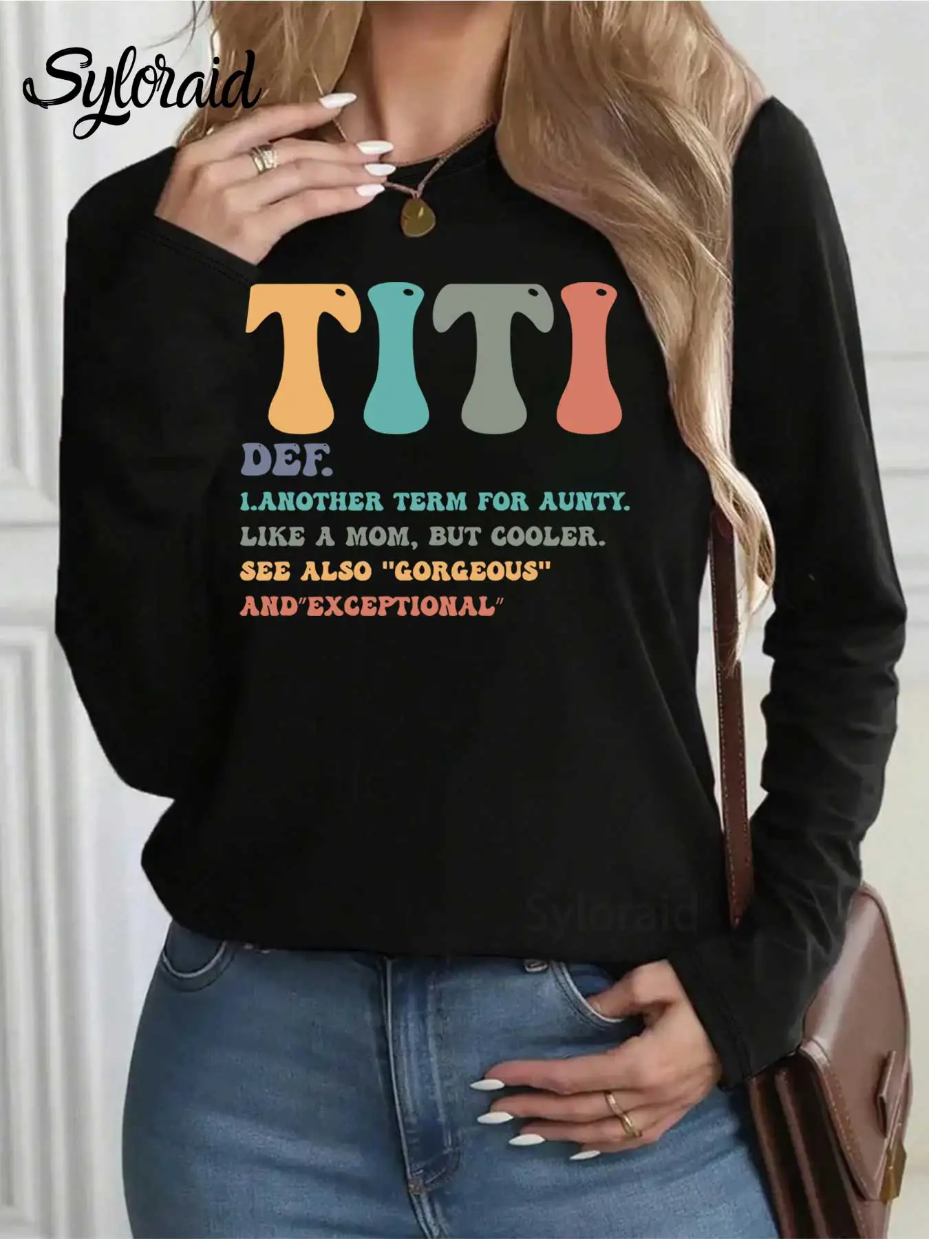 المرأة طويلة الأكمام تي شيرت لعوب "TITI" إلكتروني طباعة مع عمة روح الدعابة يقتبس تي شيرت موضة الجولة الرقبة رداء علوي غير رسمي #2