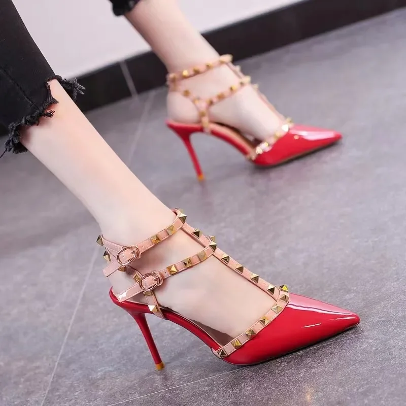 Summer New Pointed Toe Rivet High Heels Stiletto Heels 2024 One-word Buckle Designer Sandals Women\'s Banquet High Heel Sandals