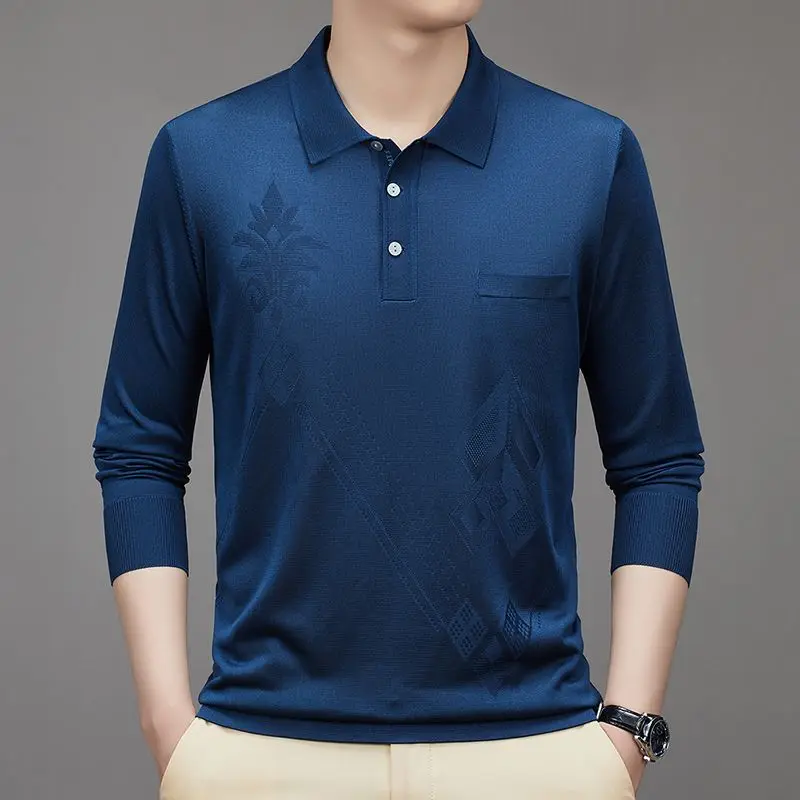 Mens Long Sleeve Polo in Premium Mulberry Silk Loose Fit Casual Blouse for Dad Middle Aged Man Lightweight Breathable New Top