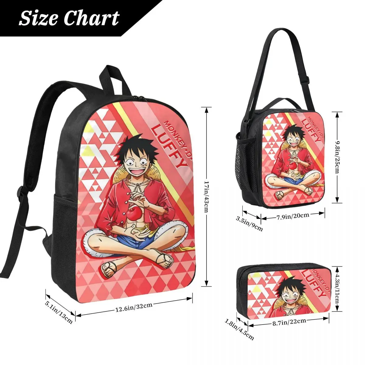3Pcs Luffys O-one-pieces Backpack Set for Children Pencil Boxes Bookbag Sets with Lunch Box For School Students Daypack