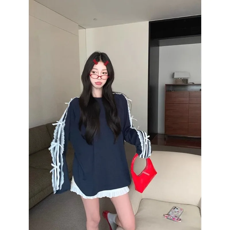 Women's clothing Bow tie Black Long sleeves Loose fit T-shirt Summer Lace Patchwork Mid-length Round neck Versatile sweatshirt