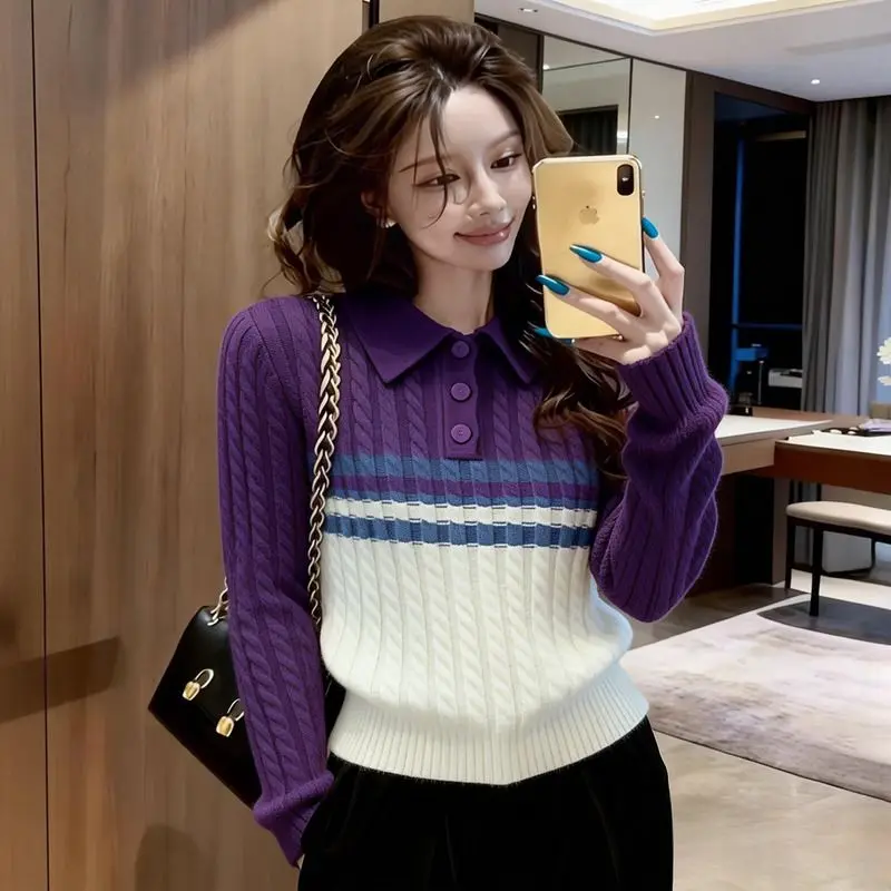 Kimutomo Women 2026 New Striped Polo Collar Sweater Elegant High Sense Long Sleeve Knitted Pullover Fashion Basic Layer Tops