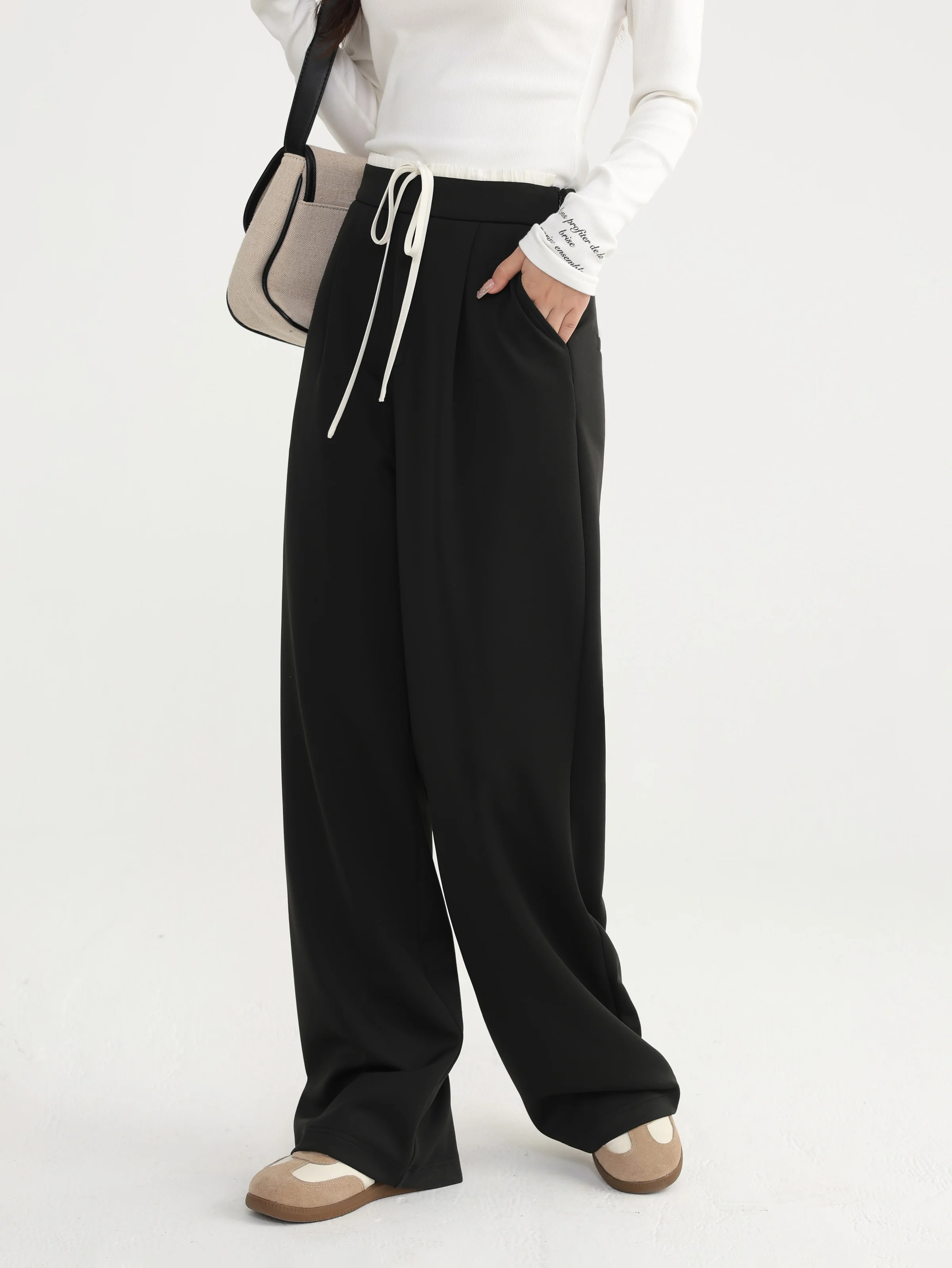 High-Waisted Wide-Leg Pants  – Petite-Friendly Loose Fit Trousers with Contrast Drawstring, Draped Straight-Leg Casual Style