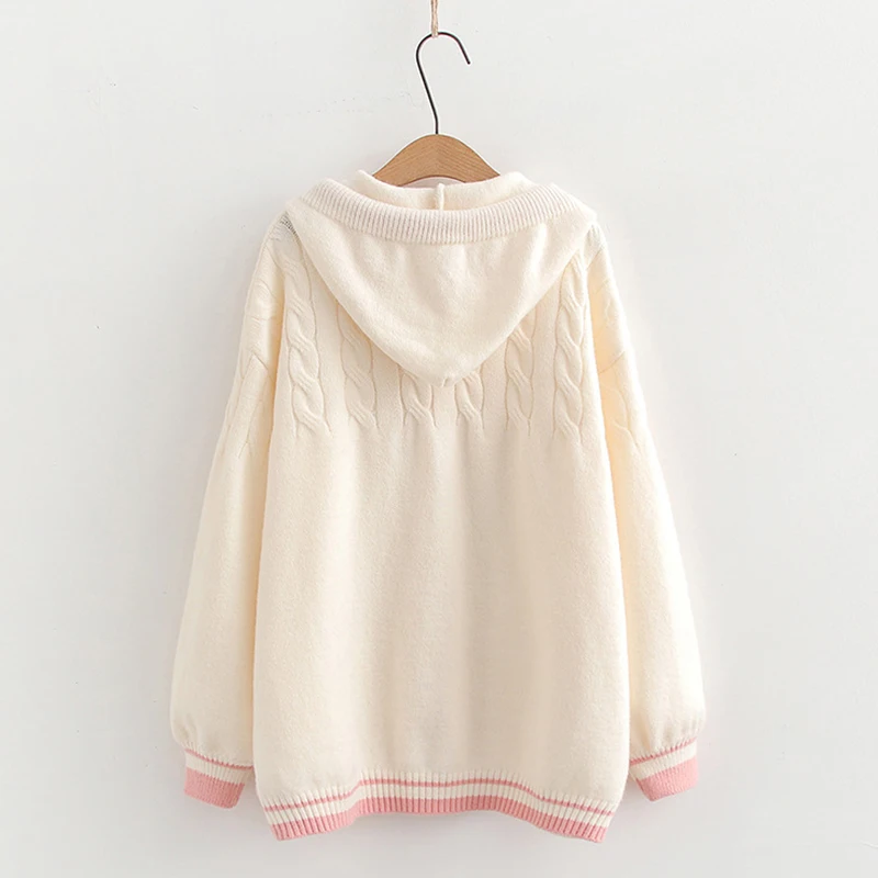 Spring Autumn White Pink Hooded Pullovers Women Clothing Japanese Mori Girl Sweaters Loose Knitting Sweet Cardigan Sweater U392