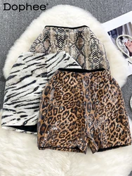 Korean Fashion Sequins Leopard Print Wide Leg Shorts for Women 2023 Fall Winter Leisure High Waisted Shorts Female Booty Shorts