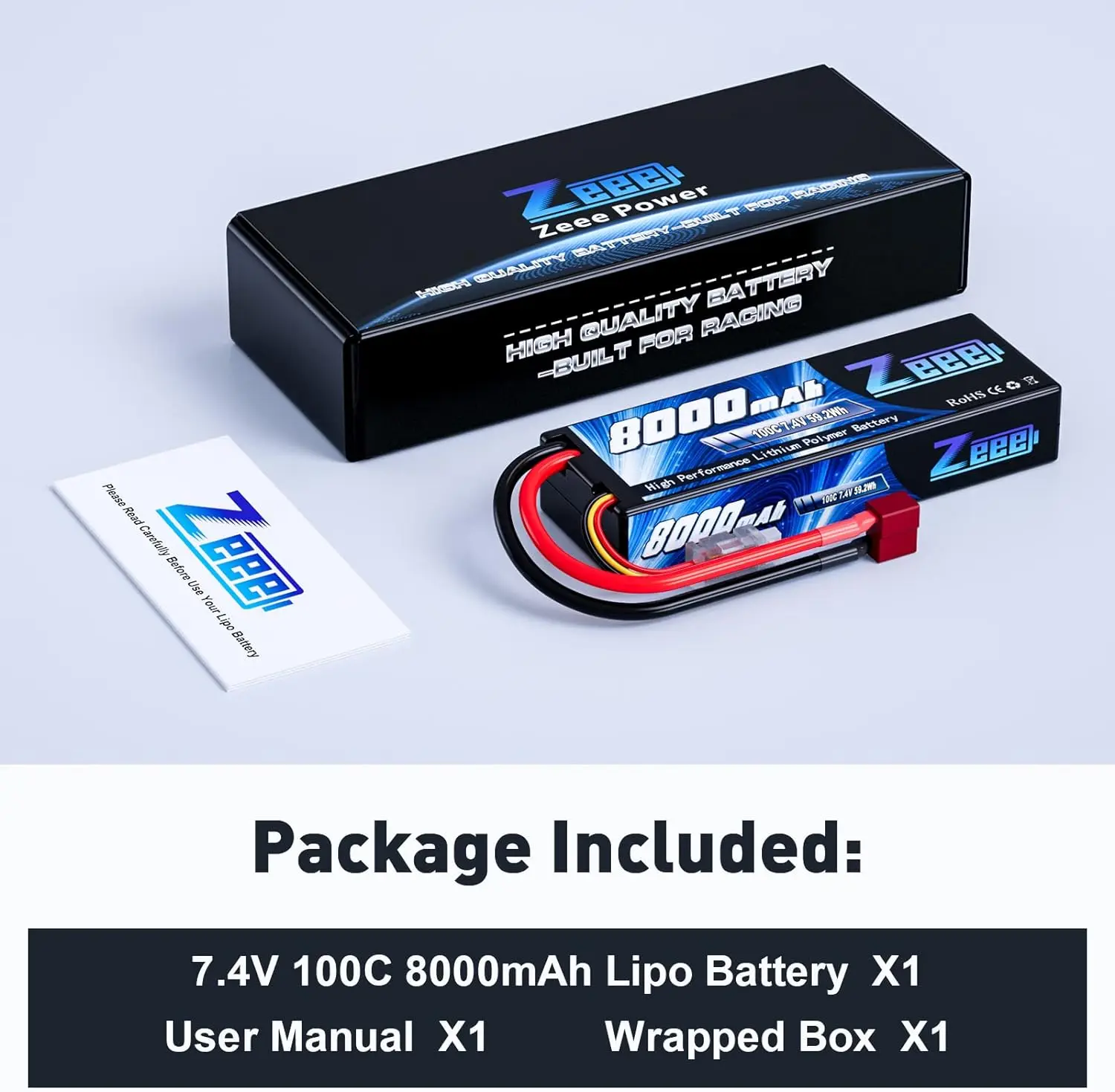 Zeee 2S Lipo Battery 7.4V 100C 8000mAh Hardcase with Deans Plug for RC Car Truck Boat Helicopter FPV Drones RC Racing Models