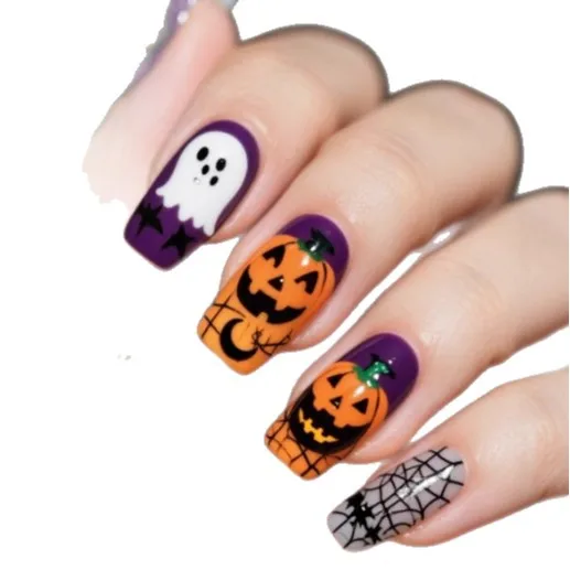 

Новые минималистичные наклейки для ногтей 2026 года – европейский и американский дизайн с тыквами и призраками на Хэллоуин – средней длины, квадратные, в европейском стиле