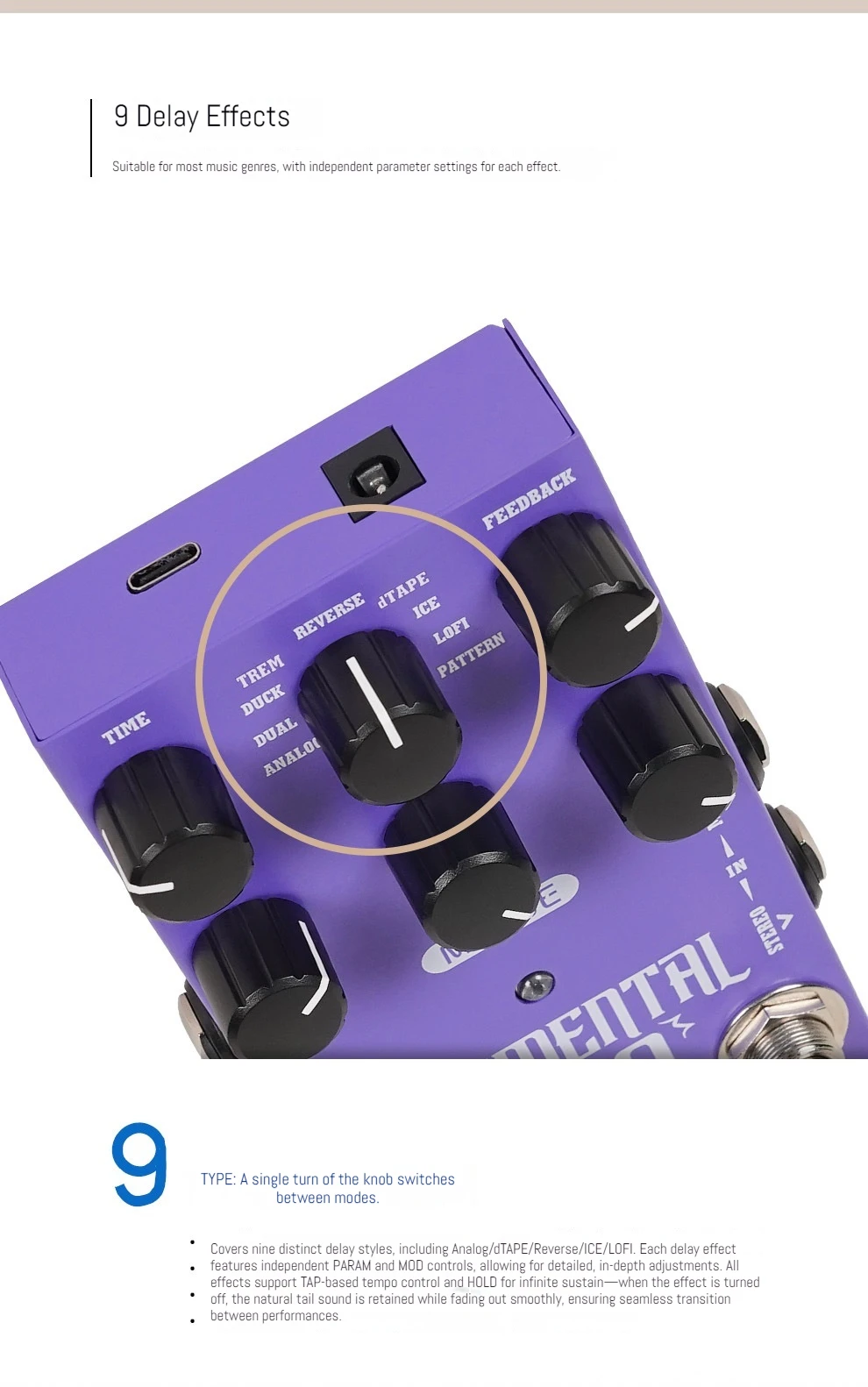 M-VAVE ELEMENTAL PRO Digital Delay Effects Pedal 10 Premium Delay Algorithms Unique Echo Dual Power Support For Guitar Bass ﻿ - view 6