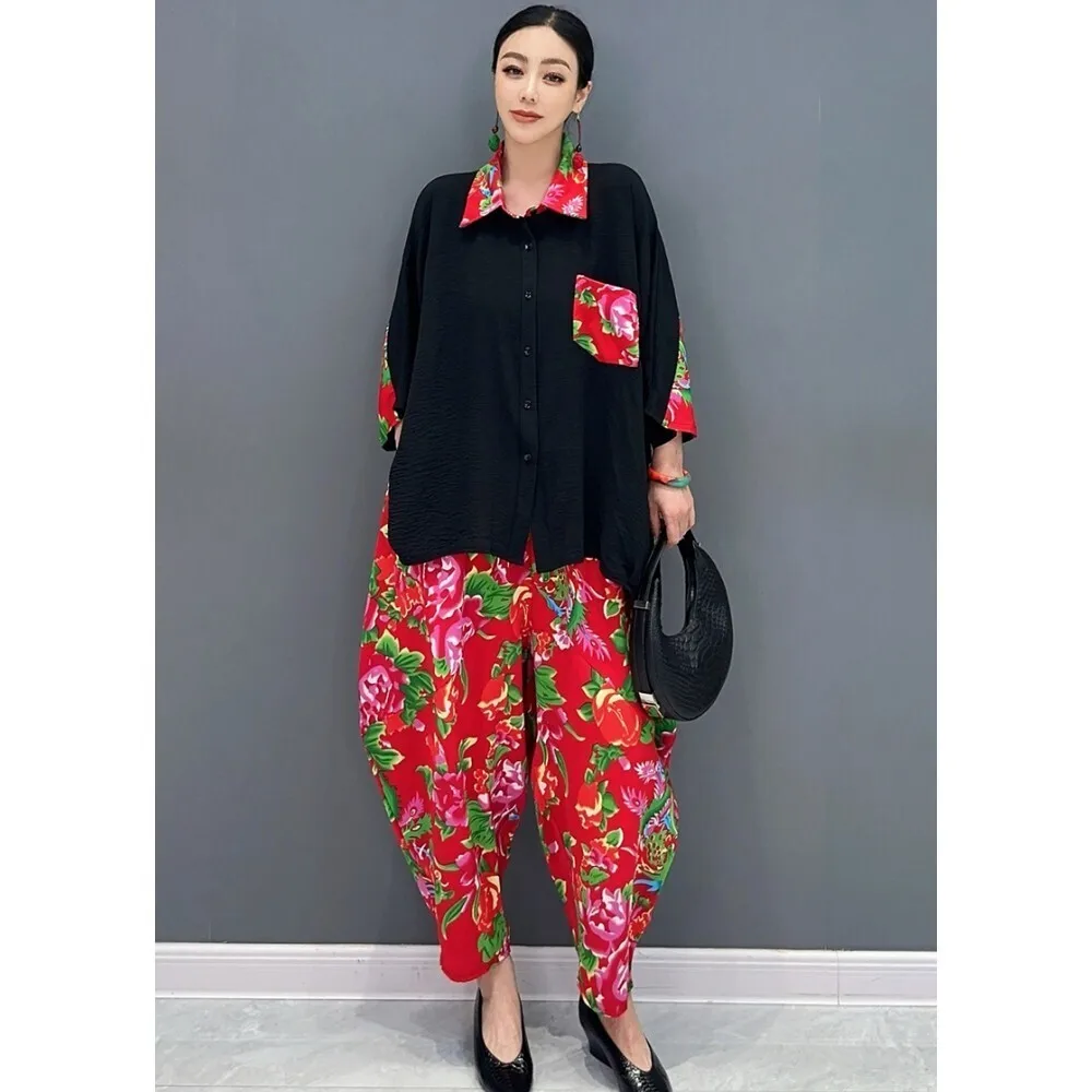 

Ethnic Style Floral Trend Loose Pant Set Women 2024 Summer Oversized Casual Shirt + Harem Pants Two-piece Set ZF149