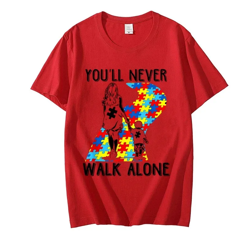 You\'ll Never Walk Alone Letter Puzzle Piece T-shirt Kids Women Graphic Tee Kindness Shirt Aesthetic Summer Autism Awareness Tops