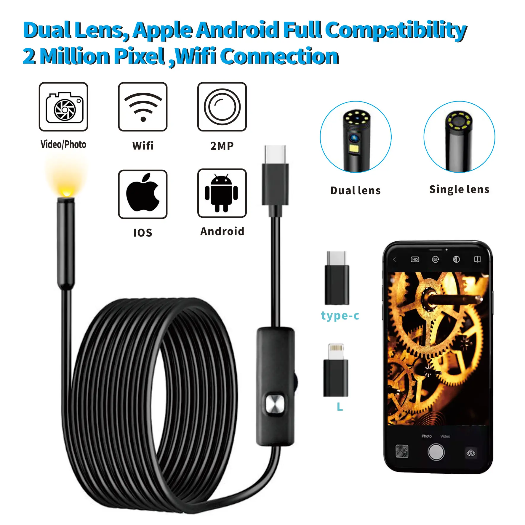 IP68 Dual Lens Piping Endoscopic Sewer Piping Endoscope Camera For Android Mobile High Quality Smartphone Phone Iphone Type C