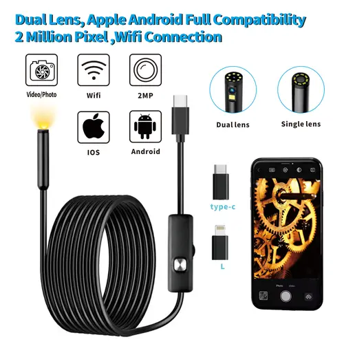 Imagen 1 del producto Cámara endoscópica para tuberías de alcantarillado, endoscopio de doble lente IP68 para teléfono móvil Android, teléfono inteligente de alta calidad, Iphone tipo C