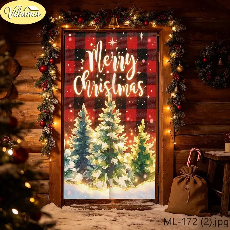 VIKAMA Buffalo Check Christmas Tree Half Door Curtain Winter Snow Scene Merry Christmas Printed Door Curtain Cozy Home Decor