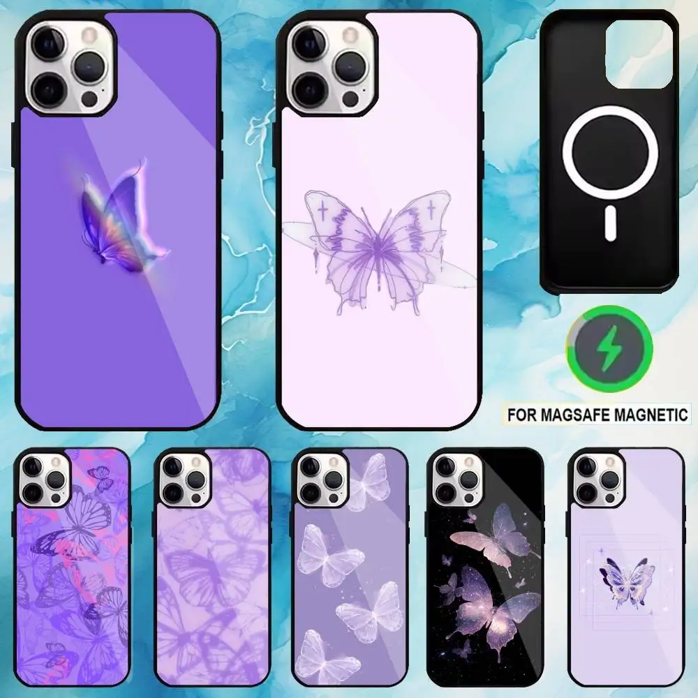 

Purple Butterfly Couple Phone Case For iPhone17,16,15,14,13,12,11 Plus,Pro Max Magnetic For Magsafe Wireless Charging