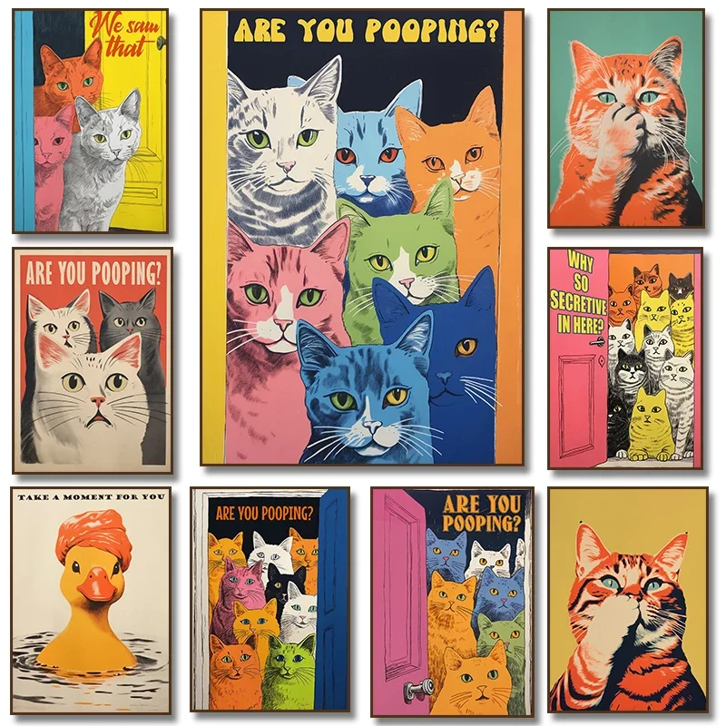 Are You Pooping Posters Bathroom Funny Bathroom Sign Canvas Prints Cute Orange Cat Art for Painting Wall Pictures Toilet Deco