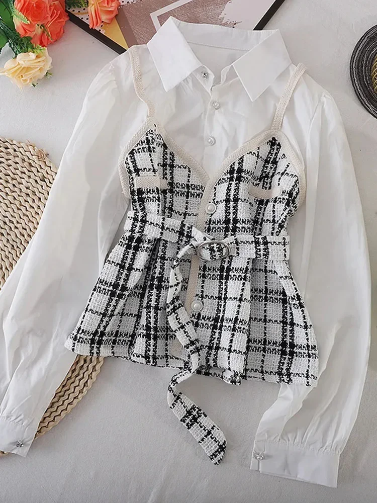 Women New Plaid Shirt Female Autumn Korean Loose Long-sleeved Stitching Fake Two-piece Blouse Turn-Down Collar Top Female Y1145