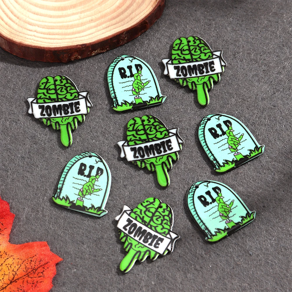 10pcs Halloween Horror Zombie Brain & R.I.P Tombstone Acrylic Pendants for DIY Holiday Jewelry Pendant Earrings Accessories