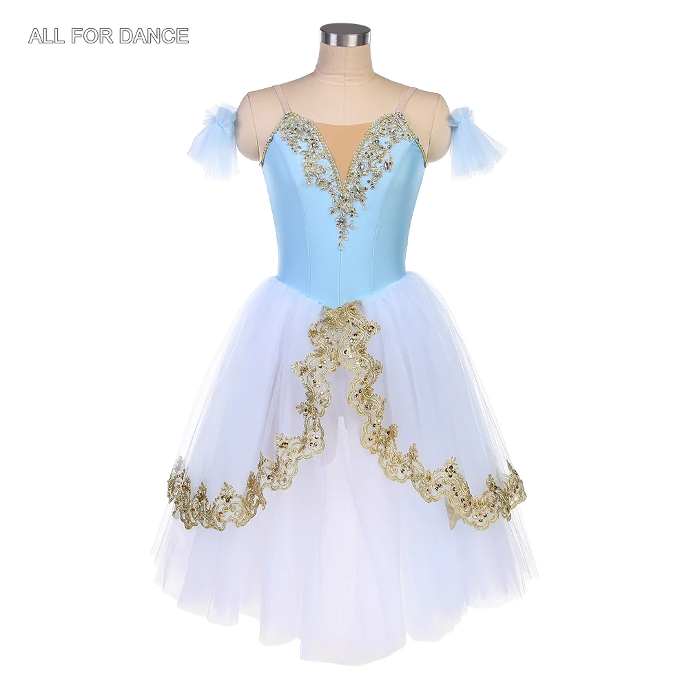 

24063 Sky Blue Spandex Bodice with Gold Sequin Decoration Romantic Long Ballet Tutus Girls Women Stage Performance Costumes