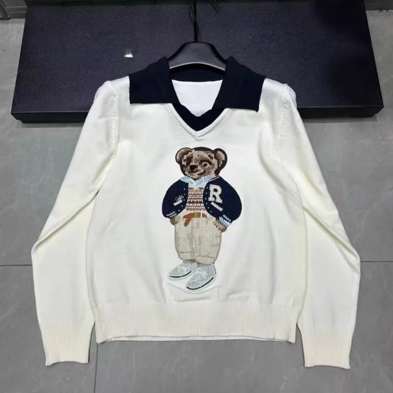 Suéter de punto francés de alta calidad para mujer, jersey de manga larga bordado con diseño de dibujos animados de oso, Tops
