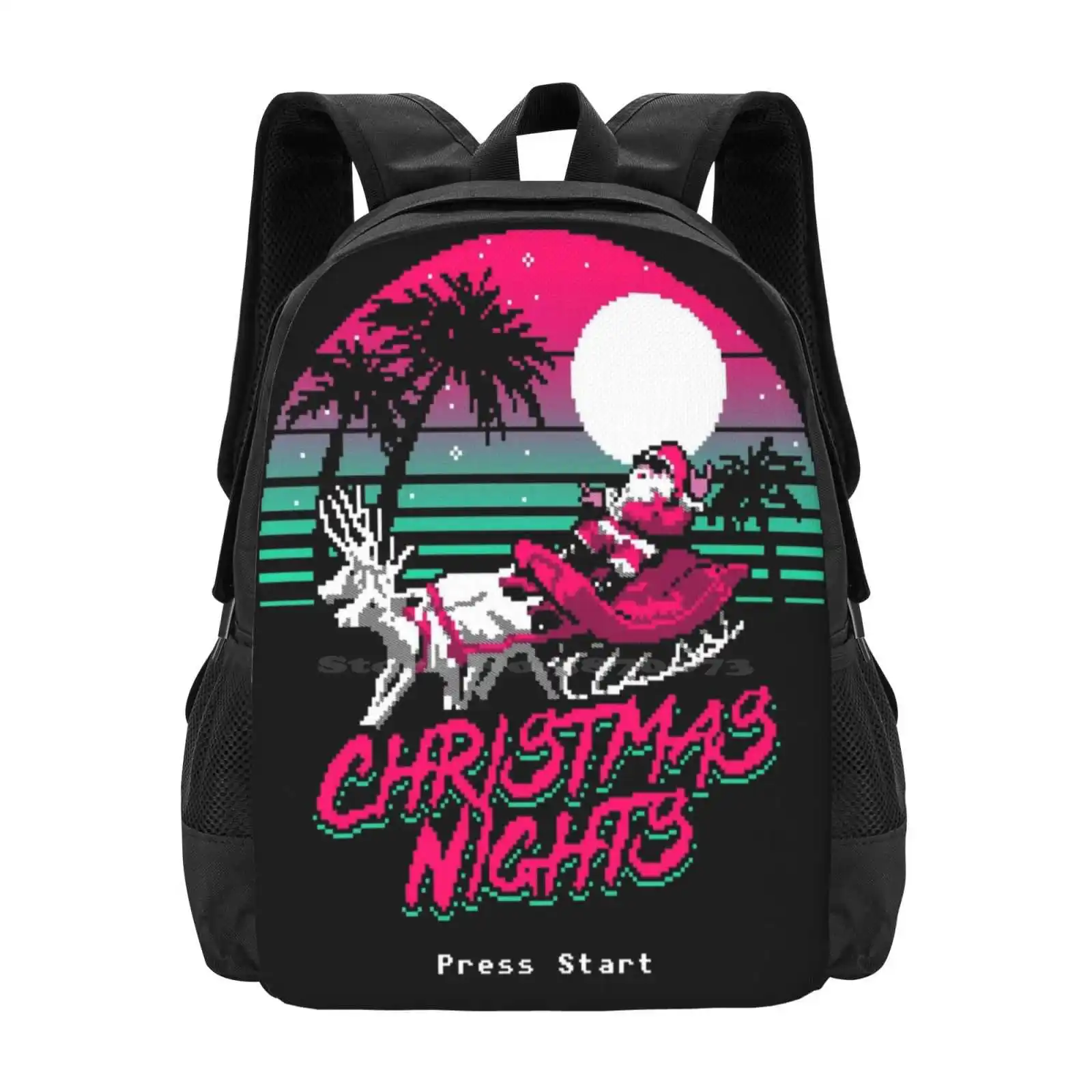 Christmas Nights Pattern Design Bagpack School Bags Retro Arcade Gaming 8Bit Santa Claus Christmas Xmas Holidays Merry 80S