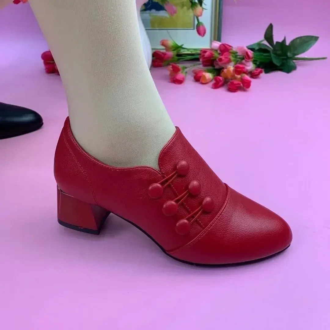 Women\'s Boots 2024 New Casual Leather Shoes for Women Comfort Office Low Boots Pointed Toe Ladies High Heels Red Wedding Shoes