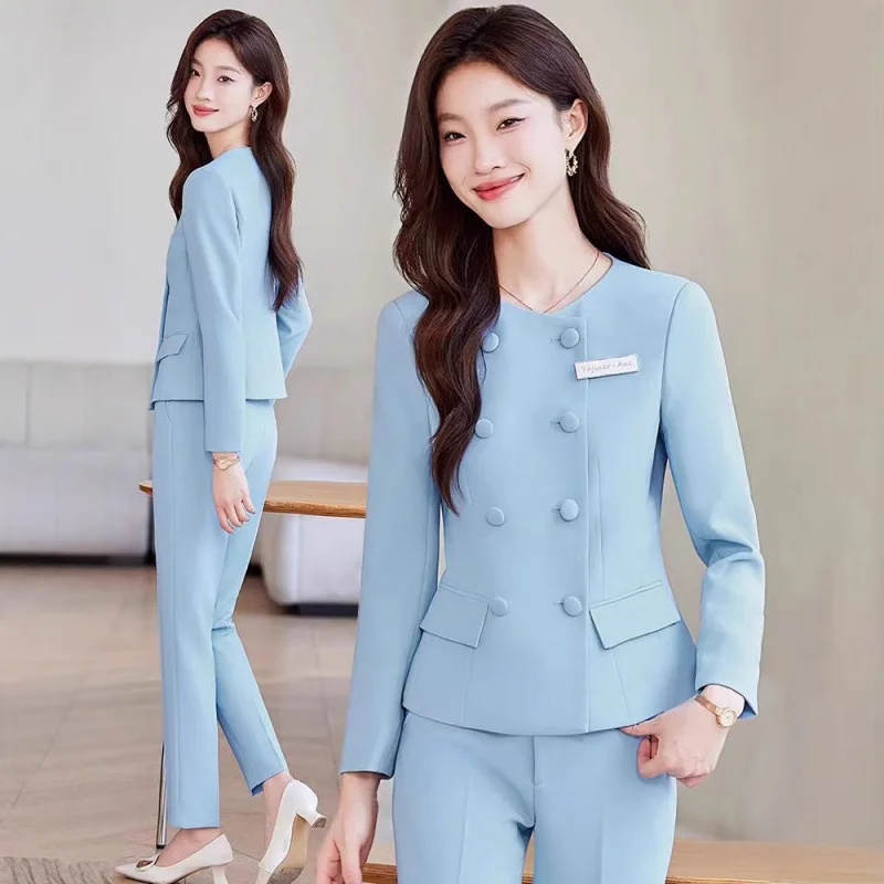 Collarless Blue Blazer for Women2025Spring and Autumn Season Beauty Salon Hotel Front Desk Work Uniform Professional Suit Set