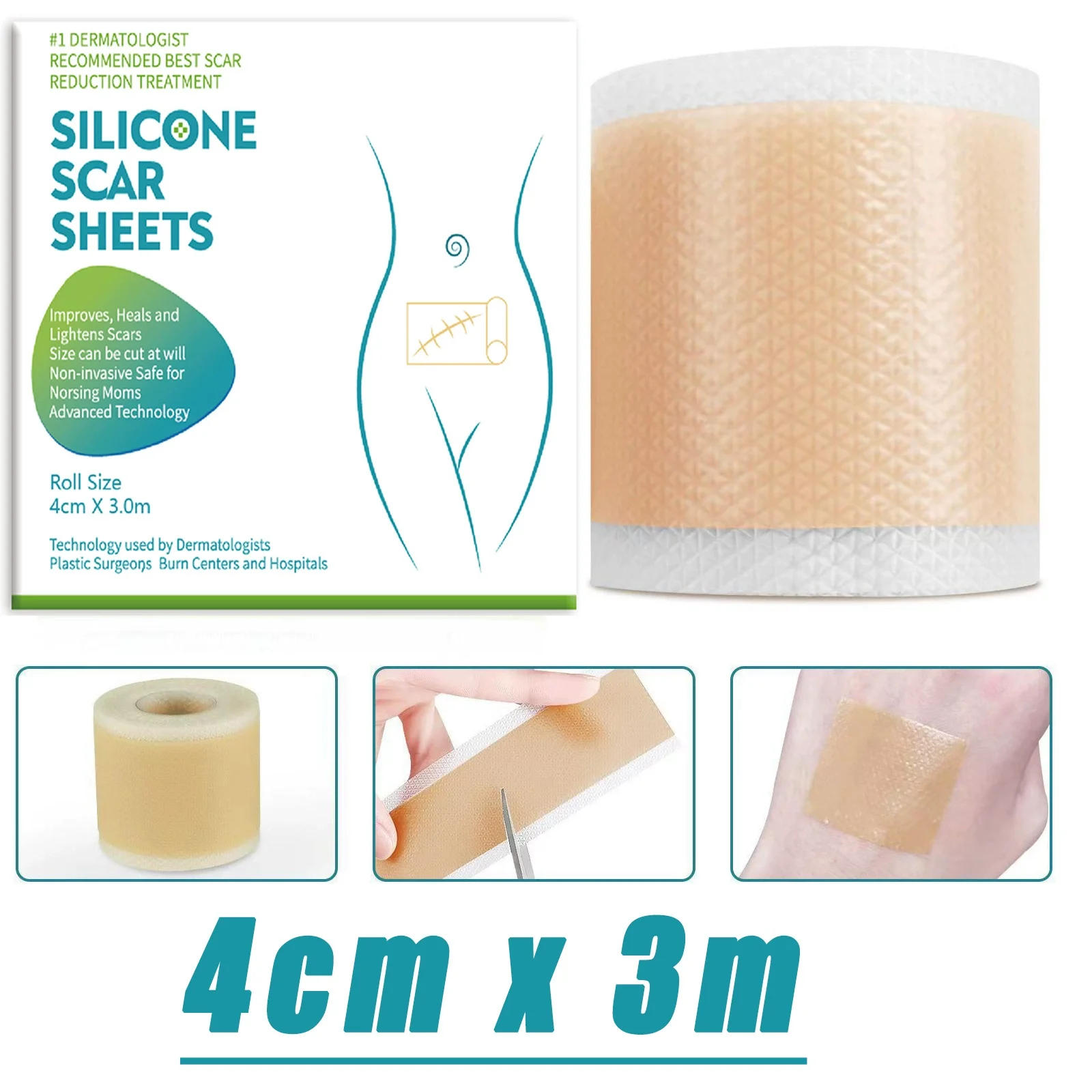 

1 Roll = 4CM x 3M Silicone Scar Sheets Self-Adhesive Stretch Mark Tape Scar Cover Patch Reusable and Effective Skin Care Strips